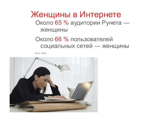 Женщины в Интернете Около 65 % аудитории Рунета — женщины Около 66