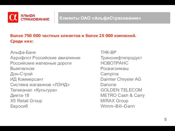 Клиенты ОАО «АльфаСтрахование» Более 750 000 частных клиентов и более 25 000