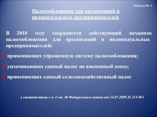 В 2010 году сохраняется действующий механизм налогообложения для организаций и индивидуальных предпринимателей: