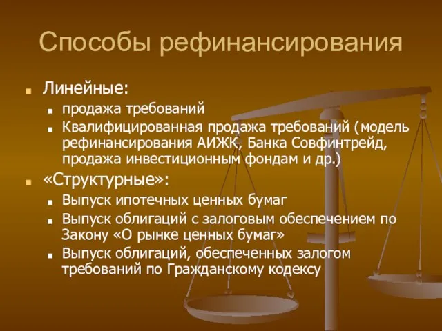 Способы рефинансирования Линейные: продажа требований Квалифицированная продажа требований (модель рефинансирования АИЖК, Банка