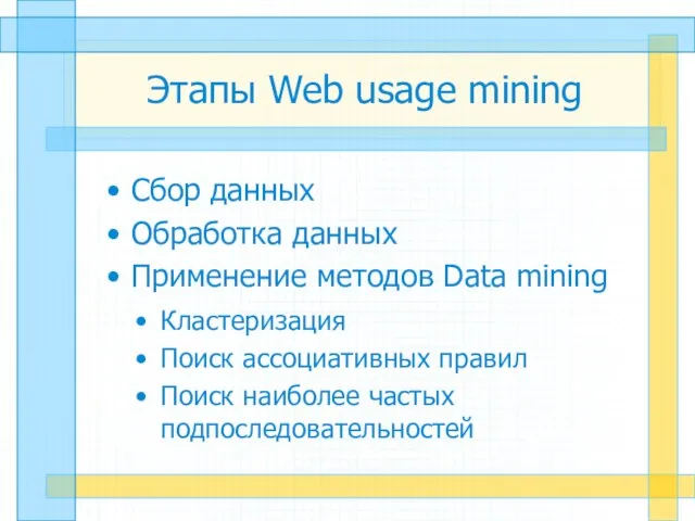 Этапы Web usage mining Сбор данных Обработка данных Применение методов Data mining