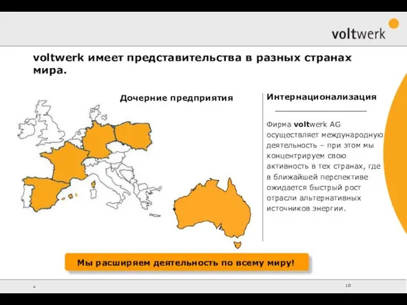 Интернационализация Фирма voltwerk AG осуществляет международную деятельность – при этом мы концентрируем