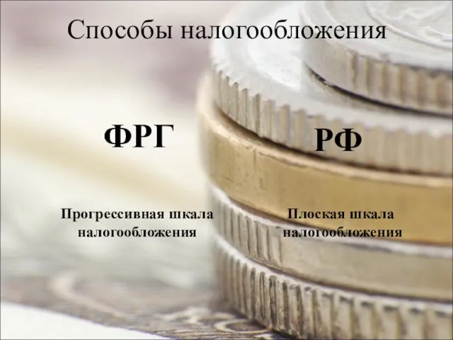 Способы налогообложения ФРГ РФ Плоская шкала налогообложения Прогрессивная шкала налогообложения
