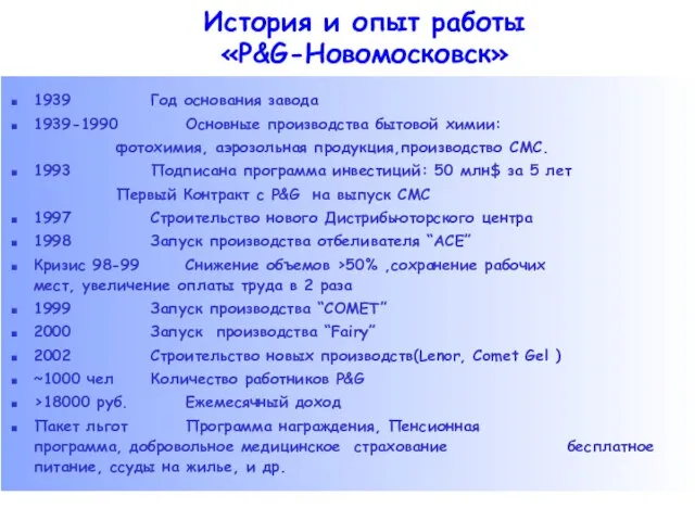 История и опыт работы «P&G-Новомосковск» 1939 Год основания завода 1939-1990 Основные производства