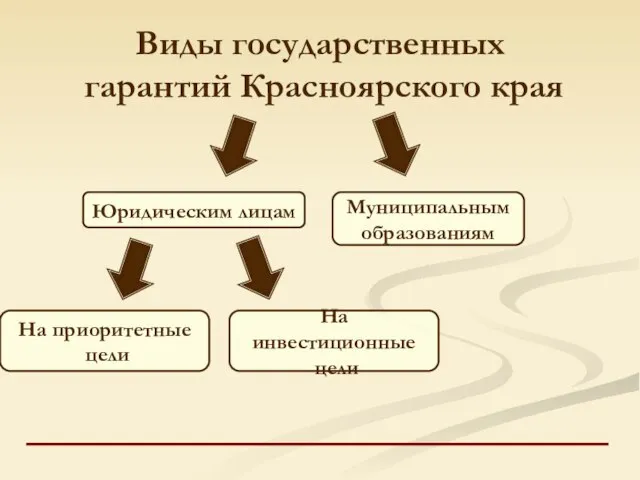 Виды государственных гарантий Красноярского края На инвестиционные цели На приоритетные цели Юридическим лицам Муниципальным образованиям