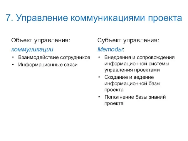 7. Управление коммуникациями проекта Объект управления: коммуникации Взаимодействие сотрудников Информационные связи Субъект