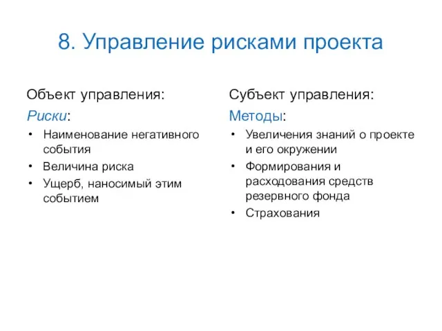 8. Управление рисками проекта Объект управления: Риски: Наименование негативного события Величина риска