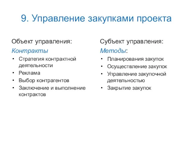 9. Управление закупками проекта Объект управления: Контракты Стратегия контрактной деятельности Реклама Выбор