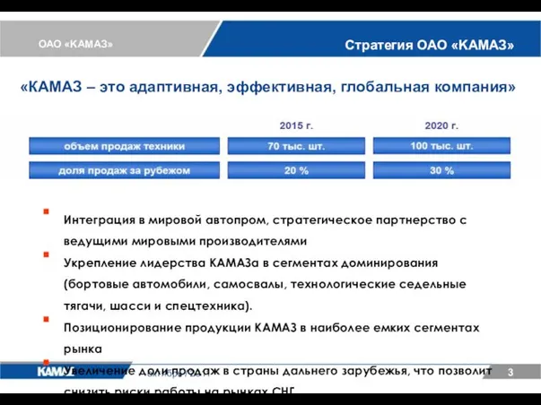 ОАО «KАМАЗ» 3 Стратегия ОАО «KАМАЗ» октябрь / 2011 Интеграция в мировой