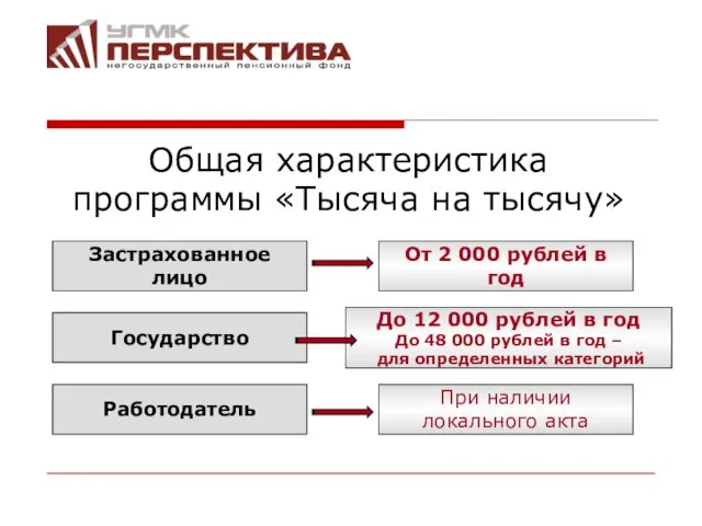 Общая характеристика программы «Тысяча на тысячу» Застрахованное лицо Государство Работодатель От 2