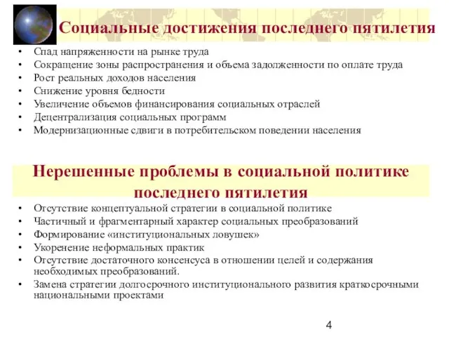 Социальные достижения последнего пятилетия Спад напряженности на рынке труда Сокращение зоны распространения