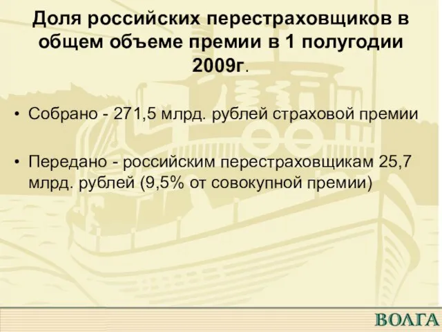 Доля российских перестраховщиков в общем объеме премии в 1 полугодии 2009г. Собрано