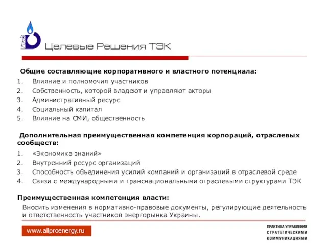 Общие составляющие корпоративного и властного потенциала: «Экономика знаний» Внутренний ресурс организаций Способность