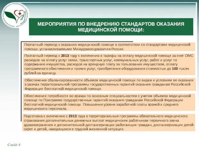 МЕРОПРИЯТИЯ ПО ВНЕДРЕНИЮ СТАНДАРТОВ ОКАЗАНИЯ МЕДИЦИНСКОЙ ПОМОЩИ: Слайд 6