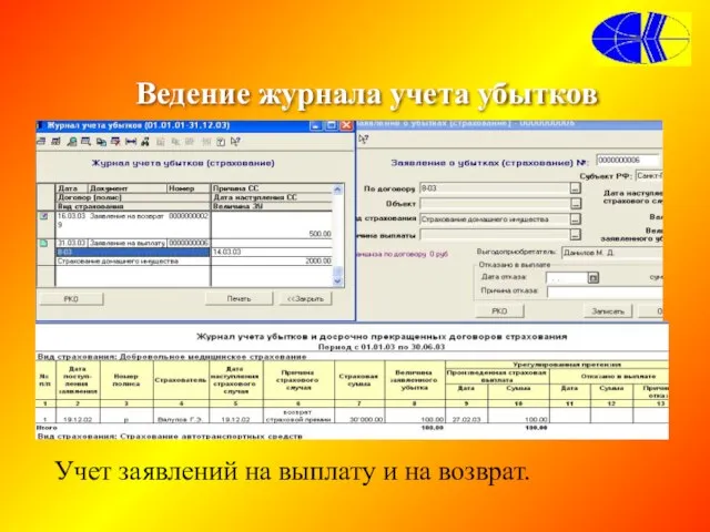 Ведение журнала учета убытков Учет заявлений на выплату и на возврат.