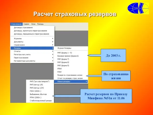 Расчет страховых резервов До 2003 г. По страхованию жизни Расчет резервов по