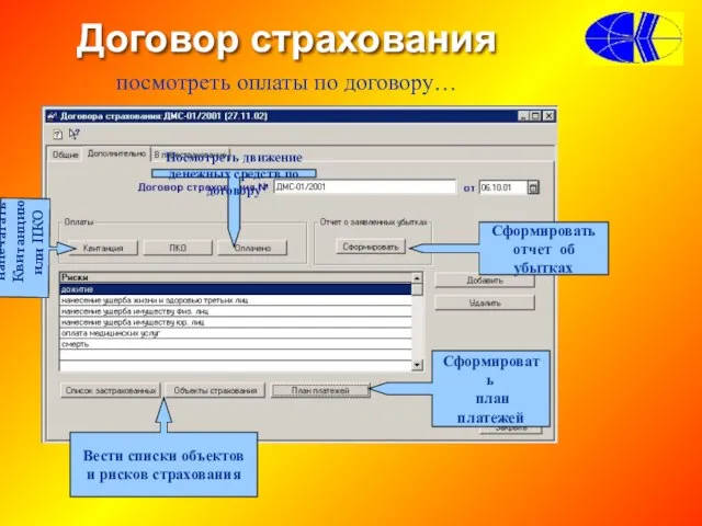 посмотреть оплаты по договору… напечатать Квитанцию или ПКО Сформировать план платежей Договор