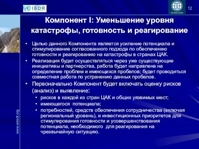 Компонент I: Уменьшение уровня катастрофы, готовность и реагирование Целью данного Компонента является