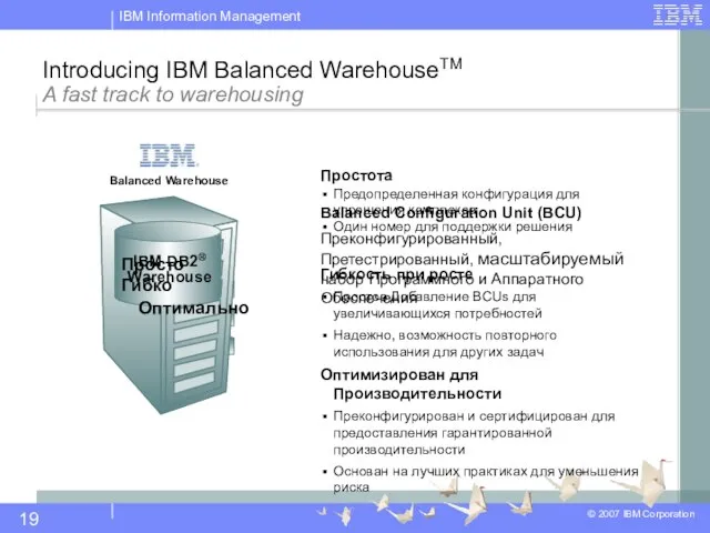 Introducing IBM Balanced WarehouseTM A fast track to warehousing Простота Предопределенная конфигурация