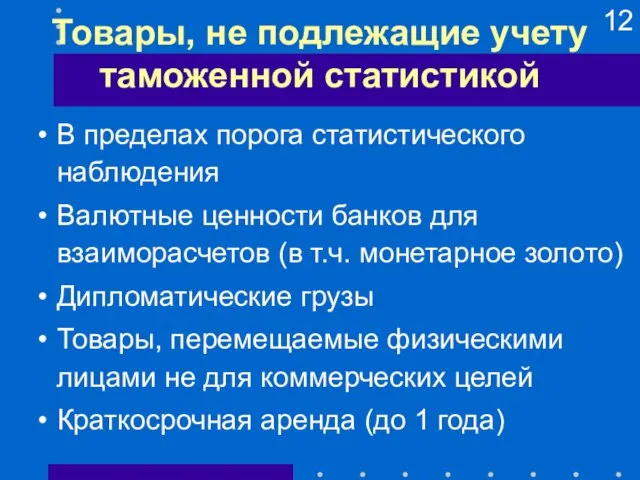 Товары, не подлежащие учету таможенной статистикой В пределах порога статистического наблюдения Валютные