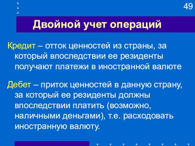 Двойной учет операций Кредит – отток ценностей из страны, за который впоследствии