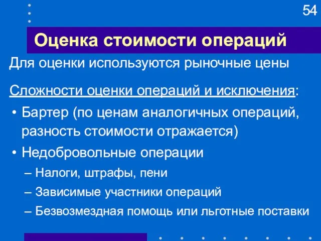 Оценка стоимости операций Для оценки используются рыночные цены Сложности оценки операций и