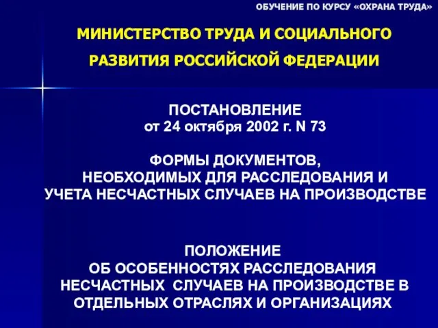МИНИСТЕРСТВО ТРУДА И СОЦИАЛЬНОГО РАЗВИТИЯ РОССИЙСКОЙ ФЕДЕРАЦИИ ПОСТАНОВЛЕНИЕ от 24 октября 2002