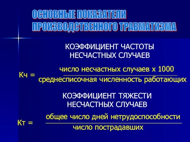 ОСНОВНЫЕ ПОКАЗАТЕЛИ ПРОИЗВОДСТВЕННОГО ТРАВМАТИЗМА КОЭФФИЦИЕНТ ЧАСТОТЫ НЕСЧАСТНЫХ СЛУЧАЕВ КОЭФФИЦИЕНТ ТЯЖЕСТИ НЕСЧАСТНЫХ СЛУЧАЕВ