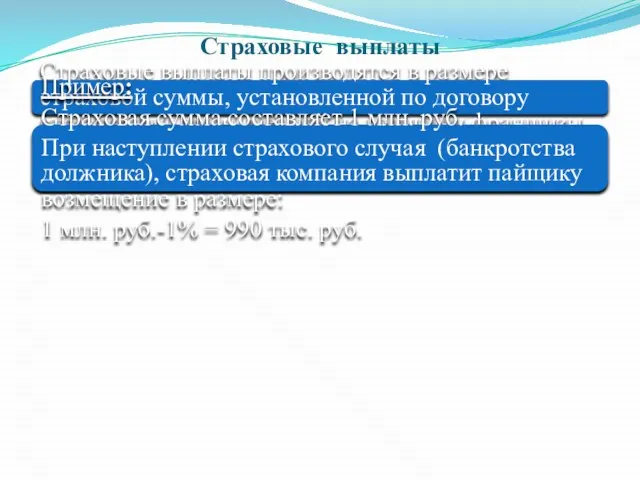 Страховые выплаты Страховые выплаты производятся в размере страховой суммы, установленной по договору