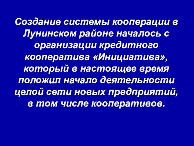 Создание системы кооперации в Лунинском районе началось с организации кредитного кооператива «Инициатива»,