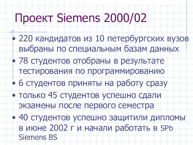 Проект Siemens 2000/02 220 кандидатов из 10 петербургских вузов выбраны по специальным