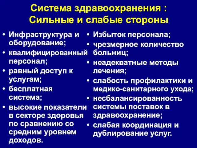 Система здравоохранения : Сильные и слабые стороны Инфраструктура и оборудование; квалифицированный персонал;