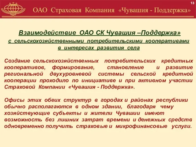 Взаимодействие ОАО СК Чувашия –Поддержка» с сельскохозяйственными потребительскими кооперативами в интересах развития