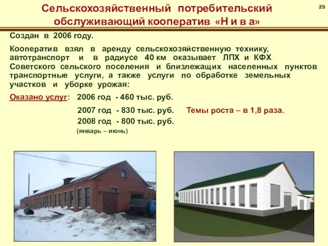 Создан в 2006 году. Кооператив взял в аренду сельскохозяйственную технику, автотранспорт и