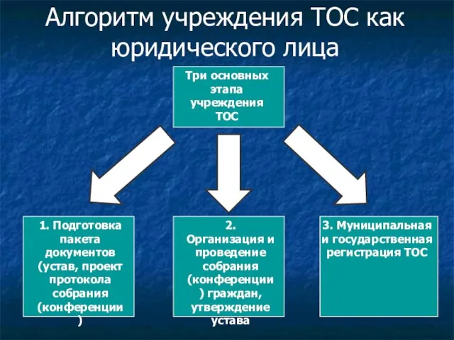 Алгоритм учреждения ТОС как юридического лица 1. Подготовка пакета документов (устав, проект