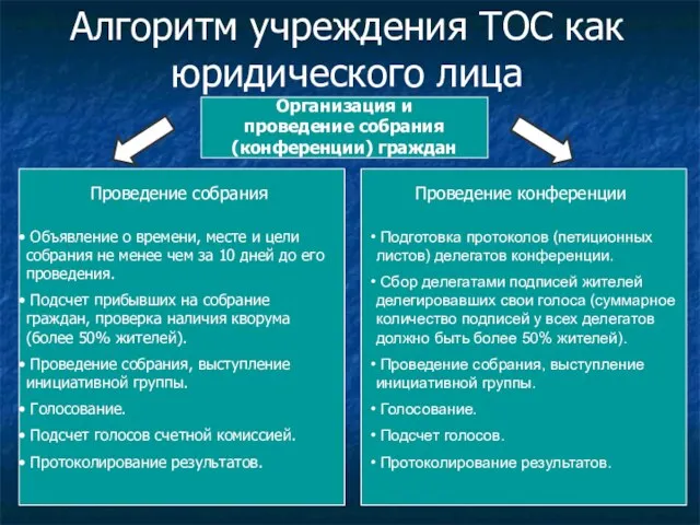 Алгоритм учреждения ТОС как юридического лица Организация и проведение собрания (конференции) граждан