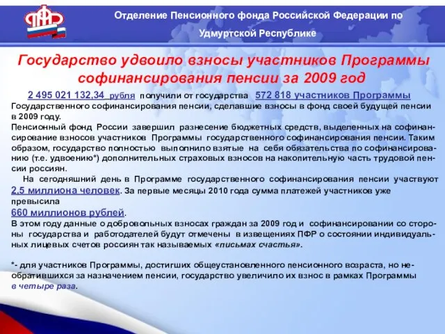 Государство удвоило взносы участников Программы софинансирования пенсии за 2009 год 2 495