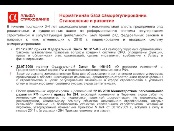 Нормативная база саморегулирования. Становление и развитие 01.12.2007 принят Федеральный Закон № 315-ФЗ