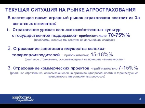 ТЕКУЩАЯ СИТУАЦИЯ НА РЫНКЕ АГРОСТРАХОВАНИЯ В настоящее время аграрный рынок страхования состоит