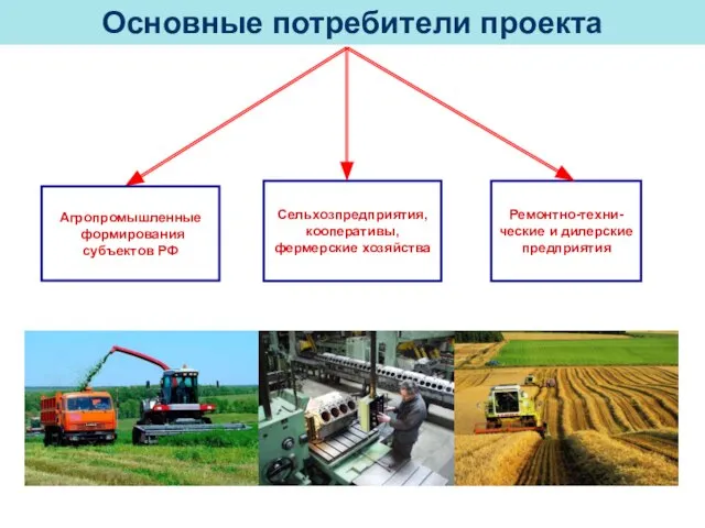 Основные потребители проекта Агропромышленные формирования субъектов РФ Сельхозпредприятия, кооперативы, фермерские хозяйства Ремонтно-техни- ческие и дилерские предприятия