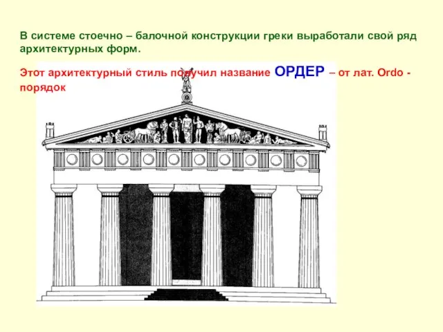 В системе стоечно – балочной конструкции греки выработали свой ряд архитектурных форм.