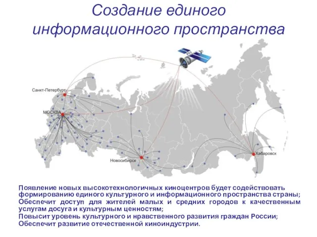 Создание единого информационного пространства Появление новых высокотехнологичных киноцентров будет содействовать формированию единого