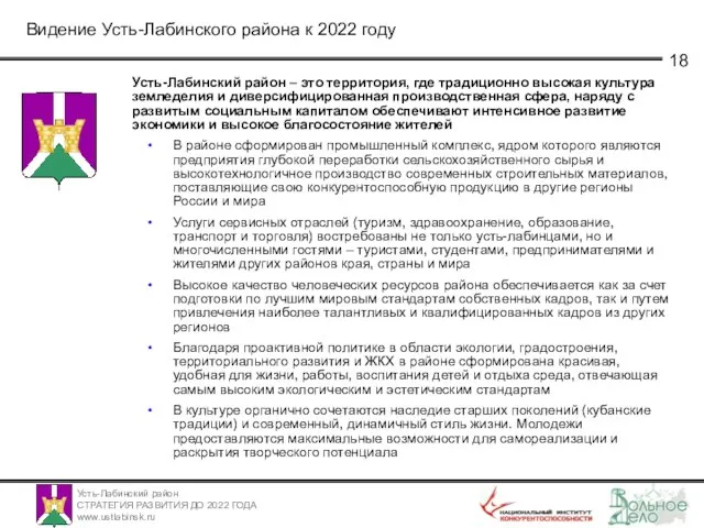 Видение Усть-Лабинского района к 2022 году Усть-Лабинский район – это территория, где