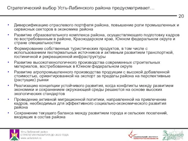 Стратегический выбор Усть-Лабинского района предусматривает… Диверсификацию отраслевого портфеля района, повышение роли промышленных