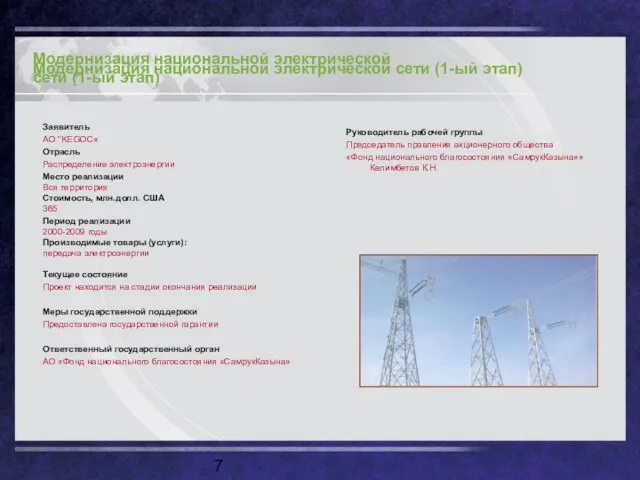 Модернизация национальной электрической сети (1-ый этап) Модернизация национальной электрической сети (1-ый этап)