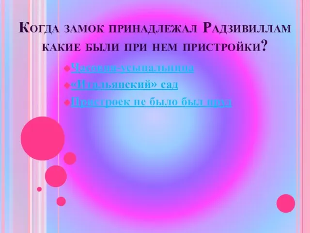 Когда замок принадлежал Радзивиллам какие были при нем пристройки? Часовня-усыпальница «Итальянский» сад