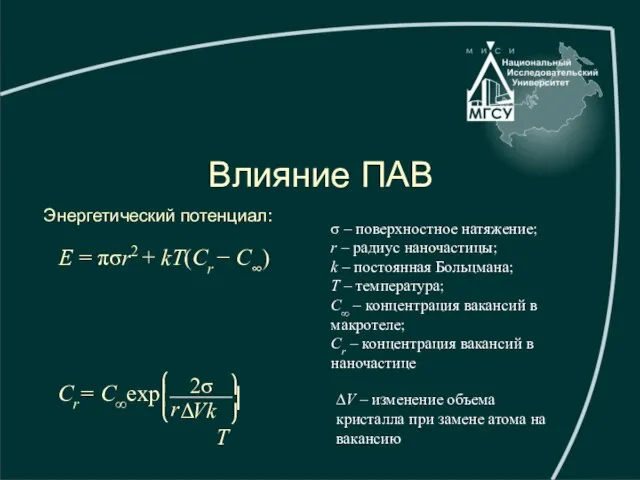 Влияние ПАВ Энергетический потенциал: σ – поверхностное натяжение; r – радиус наночастицы;