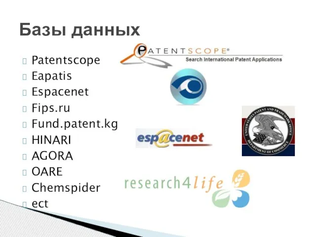 Patentscope Eapatis Espacenet Fips.ru Fund.patent.kg HINARI AGORA OARE Chemspider ect Базы данных