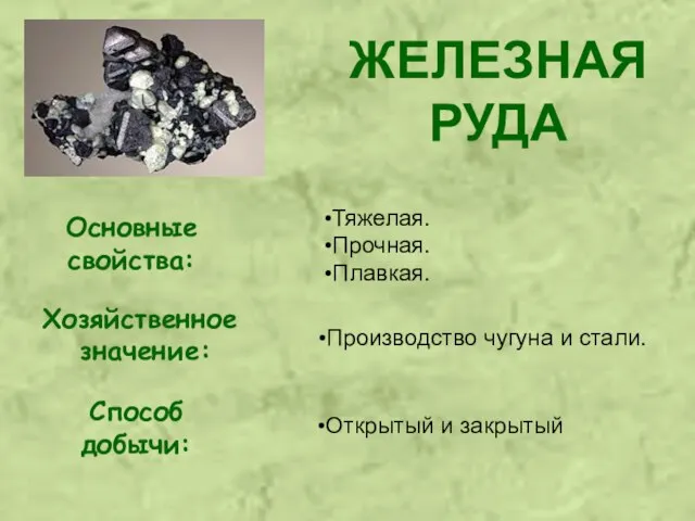 ЖЕЛЕЗНАЯ РУДА Основные свойства: Хозяйственное значение: Способ добычи: Тяжелая. Прочная. Плавкая. Производство