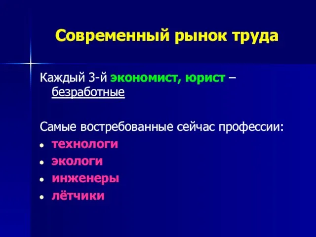 Современный рынок труда Каждый 3-й экономист, юрист – безработные Самые востребованные сейчас